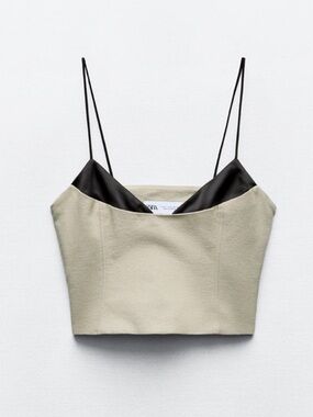 Zara Contrasting Tank Top Khaki and Black Size Large Spaghetti Strap NWOT